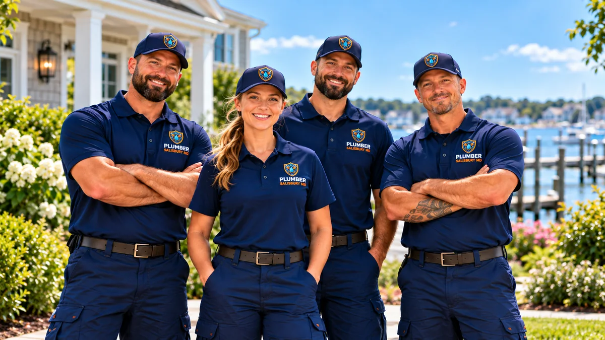 Plumbing team in navy uniforms outside a home